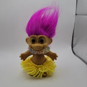 Vintage Russ Troll Doll with Bright Pink Hair and Yellow Hula Skirt